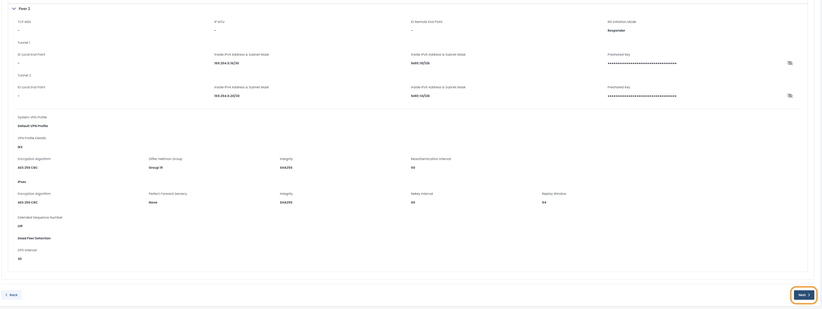VPN profile details including encryption algorithms and IP addresses for secure connections.